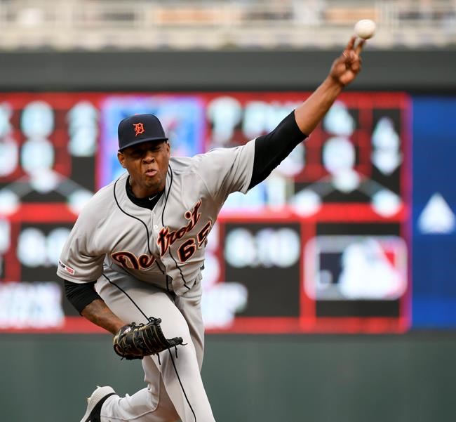 Detroit Tigers pitcher Gregory Soto throws to a Minnesota Twins batter during the first inning of the second baseball game of a doubleheader, Saturday, May 11, 2019, in Minneapolis. (AP Photo/Craig Lassig)
