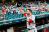 Former Minnesota Twins second baseman Brian Dozier acknowledges the applause as the Washington Nationals player was honored before a baseball game between the two teams Tuesday, Sept. 10, 2019, in Minneapolis. (AP Photo/Jim Mone)