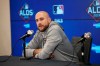 Minnesota Twins manager Rocco Baldelli addresses the media Sunday, Oct. 6, 2019, in Minneapolis as the Twins prepare for Game 3 of the American League Division Series baseball playoffs against the New York Yankees. (AP Photo/Jim Mone)