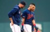 Minnesota Twins' Eddie Rosario, center, is helped off the field by manager Rocco Baldelli, left, and trainer Tony Leo following an injury after he rounded first base on a hit during the third inning of the team's baseball game against the Tampa Bay Rays on Wednesday, June 26, 2019, in Minneapolis. (AP Photo/Jim Mone)
