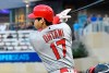 Los Angeles Angels' pitcher Shohei Ohtani drives in a run on a single off Minnesota Twins pitcher Kyle Gibson in the sixth inning of a baseball game Tuesday, May 14, 2019, in Minneapolis. (AP Photo/Jim Mone)