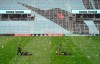 Members of the grounds crew cut the grass as snow falls Friday, April 12, 2019, at Allianz Field in St. Paul, Minn. Minnesota United host New York City FC in their home-opening MLS soccer game on Saturday at the stadium. (Anthony Souffle/Star Tribune via AP)