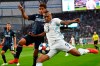 Minnesota United forward Angelo Rodriguez (9) attempts a shot while being defended by Los Angeles Galaxy midfielder Jonathan dos Santos (8) in the first half of an MLS soccer game, Wednesday, April 24, 2019, in St. Paul, Minn. (Aaron Lavinsky/Star Tribune via AP)