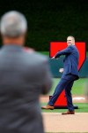 Former Minnesota Twins player Joe Mauer, right, throws the opening pitch to his father Jake Mauer after his No. 7 was retired prior to the baseball game against the Kansas City Royals, Saturday, June 15, 2019, in Minneapolis. (AP Photo/Stacy Bengs)