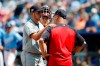 Cleveland Indians pitcher Trevor Bauer, left, reacts as he is taken out by manager Terry Francona in the fifth inning of a baseball game against the Kansas City Royals at Kauffman Stadium in Kansas City, Mo., Sunday, July 28, 2019. (AP Photo/Colin E. Braley)