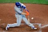 New York Mets' Pete Alonso hits a two-run single during the seventh inning of the team's baseball game against the Kansas City Royals on Saturday, Aug. 17, 2019, in Kansas City, Mo. (AP Photo/Charlie Riedel)