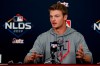 Atlanta Braves starting pitcher Mike Soroka speaks during a baseball news conference Saturday, Oct. 5, 2019, in St. Louis. The St. Louis Cardinals and Braves are scheduled to play Game 3 of the National League Division Series on Sunday in St. Louis. (AP Photo/Jeff Roberson)