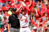 St. Louis Cardinals' Kolten Wong (16) celebrates after hitting an RBI-triple during the first inning of a baseball game against the San Francisco Giants, Monday, Sept. 2, 2019, in St. Louis. (AP Photo/Jeff Roberson)
