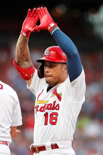 St. Louis Cardinals' Kolten Wong celebrates after hitting an RBI single during the fourth inning of the team's baseball game against the Chicago Cubs on Thursday, Aug. 1, 2019, in St. Louis. (AP Photo/Jeff Roberson)
