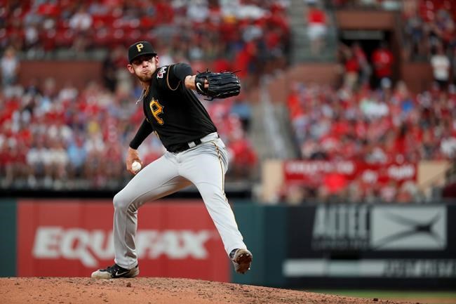 Pittsburgh Pirates starting pitcher Joe Musgrove throws during the fifth inning of the team's baseball game against the St. Louis Cardinals on Saturday, Aug. 10, 2019, in St. Louis. (AP Photo/Jeff Roberson)