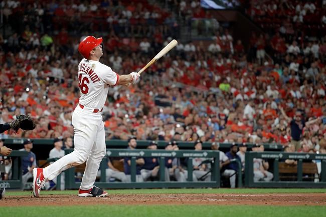 St. Louis Cardinals' Paul Goldschmidt watches his three-run home run during the eighth inning of a baseball game against the Houston Astros, Friday, July 26, 2019, in St. Louis. (AP Photo/Jeff Roberson)