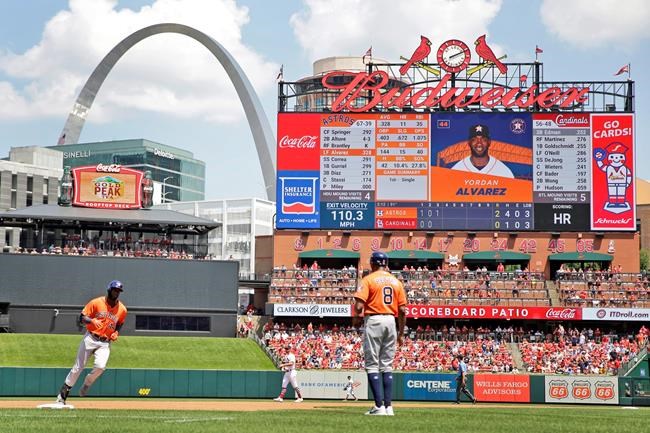 Houston Astros' Yordan Alvarez, left, rounds the bases after hitting a solo home run as third base coach Gary Pettis (8) watches during the third inning of a baseball game against the St. Louis Cardinals Sunday, July 28, 2019, in St. Louis. (AP Photo/Jeff Roberson)