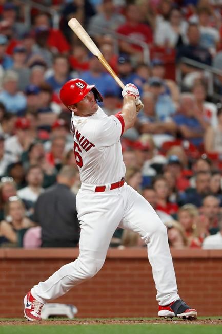 St. Louis Cardinals' Paul Goldschmidt watches his single during the fourth inning of a baseball game against the Chicago Cubs Tuesday, July 30, 2019, in St. Louis. (AP Photo/Jeff Roberson)