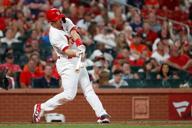 St. Louis Cardinals' Paul Goldschmidt hits a three-run home run during the eighth inning of a baseball game against the Houston Astros Friday, July 26, 2019, in St. Louis. (AP Photo/Jeff Roberson)