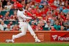St. Louis Cardinals' Marcell Ozuna hits a ground-rule double to score two runs during the seventh inning of a baseball game against the Washington Nationals, Monday, Sept. 16, 2019, in St. Louis. (AP Photo/Jeff Roberson)