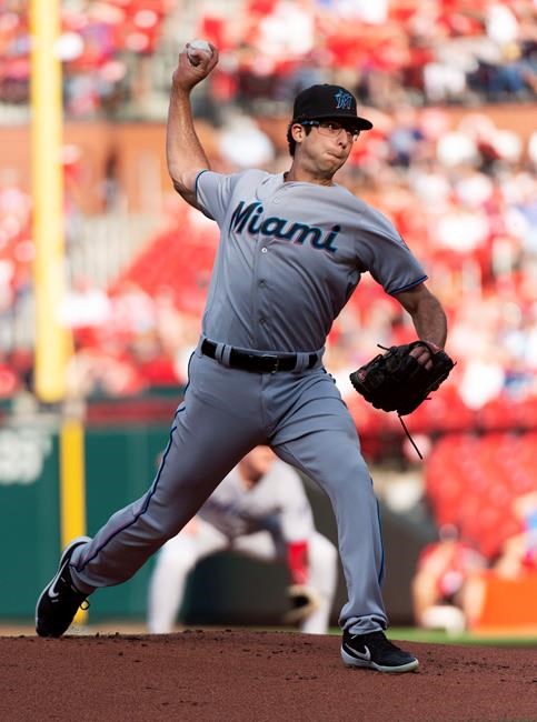 Miami Marlins starting pitcher Zac Gallen throws during the first inning of the team's baseball game against the St. Louis Cardinals, Thursday, June 20, 2019, in St. Louis. (AP Photo/L.G. Patterson)