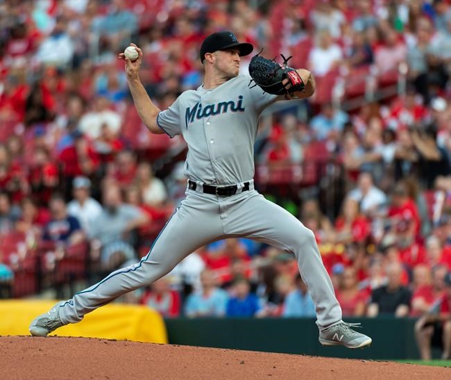 Miami Marlins starting pitcher Trevor Richards delivers during the first inning of a baseball game against the St. Louis Cardinals, Wednesday, June 19, 2019, in St. Louis. (AP Photo/L.G. Patterson)