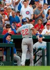 Chicago Cubs' Jason Heyward, right, is congratulated by manager Joe Maddon after hitting a home run during the second inning of a baseball game against the St. Louis Cardinals, Saturday, June 1, 2019, in St. Louis. (AP Photo/L.G. Patterson)