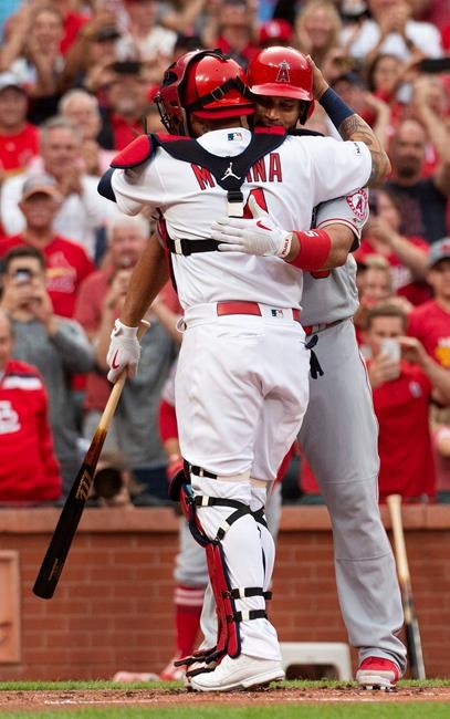 Los Angeles Angels' Albert Pujols, right, hugs former teammate St. Louis Cardinals catcher Yadier Molina, left, before batting during the first inning a baseball game Friday, June 21, 2019, in St. Louis. (AP Photo/L.G. Patterson)
