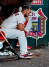 St. Louis Cardinals' Matt Carpenter sits on the bench after striking out during the eighth inning of a baseball game against the Los Angeles Angels, Sunday, June 23, 2019, in St. Louis. (AP Photo/L.G. Patterson)