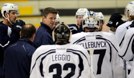 Boris Minkevich / Winnipeg Free PressManitoba Moose head coach Keith McCambridge leads the troops during Day 3 of training camp at MTS IcePlex Thursday.