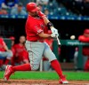 Los Angeles Angels' Albert Pujols hits a two-run home run off Kansas City Royals starting pitcher Danny Duffy during the first inning of a baseball game at Kauffman Stadium in Kansas City, Mo., Friday, April 26, 2019. (AP Photo/Orlin Wagner)