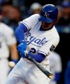 Kansas City Royals' Adalberto Mondesi hits an RBI single off Minnesota Twins starting pitcher Jose Berrios during the first inning of a baseball game at Kauffman Stadium in Kansas City, Mo., Tuesday, April 2, 2019. (AP Photo/Orlin Wagner)