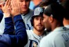 Tampa Bay Rays' Brandon Lowe is congratulated by teammates after hitting a two-run home run during the ninth inning of a baseball game against the Kansas City Royals at Kauffman Stadium in Kansas City, Mo., Thursday, May 2, 2019. The Rays defeated the Royals 3-1. (AP Photo/Orlin Wagner)
