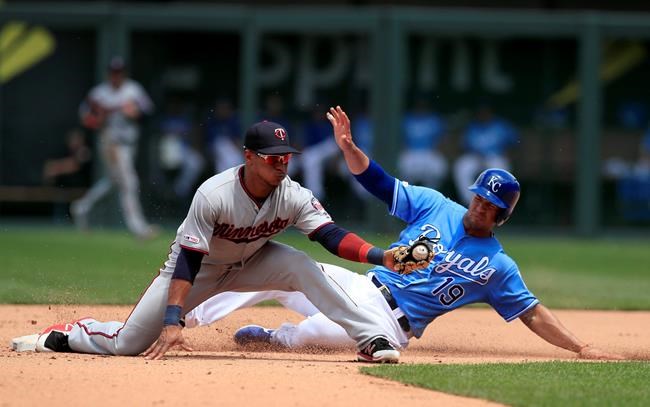 Minnesota Twins shortstop Jorge Polanco, left, forces out Kansas City Royals' Cheslor Cuthbert (19) during the fifth inning of a baseball game at Kauffman Stadium in Kansas City, Mo., Saturday, June 22, 2019. (AP Photo/Orlin Wagner)