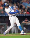 Kansas City Royals designated hitter Jorge Soler hits a three-run home run off Detroit Tigers starting pitcher Daniel Norris during the third inning of a baseball game at Kauffman Stadium in Kansas City, Mo., Tuesday, Sept. 3, 2019. It was the 39th home run of the season for Soler, a new club record. (AP Photo/Reed Hoffmann)