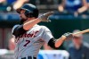 Detroit Tigers' Jordy Mercer hits a solo home run off Kansas City Royals starting pitcher Glenn Sparkman during the fourth inning of a baseball game at Kauffman Stadium in Kansas City, Mo., Thursday, Sept. 5, 2019. (AP Photo/Orlin Wagner)