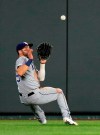 Tampa Bay Rays center fielder Kevin Kiermaier catches a fly ball hit by Kansas City Royals' Alex Gordon during the third inning of a baseball game at Kauffman Stadium in Kansas City, Mo., Monday, April 29, 2019. (AP Photo/Orlin Wagner)