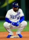Kansas City Royals designated hitter Jorge Soler waits out a mound meeting while at second base during the fifth inning of the team's baseball game against the Detroit Tigers at Kauffman Stadium in Kansas City, Mo., Wednesday, June 12, 2019. (AP Photo/Orlin Wagner)