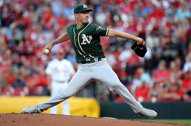 Oakland Athletics starting pitcher Chris Bassitt delivers during the first inning of the team's baseball game against the St. Louis Cardinals on Tuesday, June 25, 2019, in St. Louis. (AP Photo/Scott Kane)