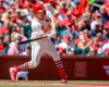 St. Louis Cardinals' Miles Mikolas hits a two-run single during the second inning of a baseball game against the New York Mets Saturday, April 20, 2019, in St. Louis. (AP Photo/Scott Kane)