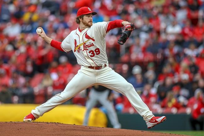 St. Louis Cardinals starting pitcher Miles Mikolas throws during the first inning of a baseball game against the Pittsburgh Pirates, Saturday, May 11, 2019, in St. Louis. (AP Photo/Scott Kane)