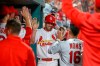 St. Louis Cardinals' Paul Goldschmidt is congratulated by teammates after hitting a solo home run during the fifth inning of the team's baseball game against the Los Angeles Dodgers on Tuesday, April 9, 2019, in St. Louis. (AP Photo/Scott Kane)