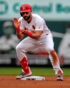 St. Louis Cardinals' Matt Carpenter reacts after hitting a double during the sixth inning of the team's baseball game against the San Diego Padres on Friday, April 5, 2019, in St. Louis. (AP Photo/Scott Kane)