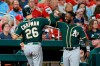 Oakland Athletics' Matt Chapman, left, is congratulated by teammate Jurickson Profar as he enters the dugout after hitting a solo home run during the seventh inning outfield against the St. Louis Cardinals Wednesday, June 26, 2019, in St. Louis. (AP Photo/Scott Kane)