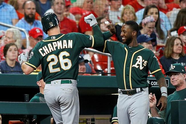 Oakland Athletics' Matt Chapman, left, is congratulated by teammate Jurickson Profar as he enters the dugout after hitting a solo home run during the seventh inning outfield against the St. Louis Cardinals Wednesday, June 26, 2019, in St. Louis. (AP Photo/Scott Kane)
