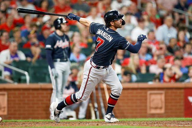 Atlanta Braves' Dansby Swanson follows through on a two-run home run during the eighth inning of a baseball game against the St. Louis Cardinals, Friday, May 24, 2019, in St. Louis. (AP Photo/Scott Kane)
