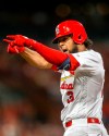 St. Louis Cardinals' Jose Martinez reacts after hitting an RBI-single during the sixth inning of a baseball game against the Los Angeles Dodgers, Monday, April 8, 2019, in St. Louis. (AP Photo/Scott Kane)