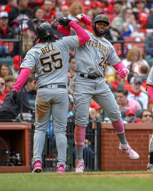 Pittsburgh Pirates' Josh Bell, left, celebrates with teammate Gregory Polanco after hitting a three-run home run during the seventh inning of a baseball game against the St. Louis Cardinals Sunday, May 12, 2019, in St. Louis. (AP Photo/Scott Kane)