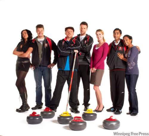 CBC
From left, Aliyah O’Brien, William Vaughan, Joel Keller, Brendan Gall, Siobhan Murphy, Anand Rajaram and Glenda Braganza in CBC's Men With Brooms.