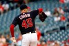 Washington Nationals starting pitcher Patrick Corbin warms up before a baseball game against the Miami Marlins, Tuesday, July 2, 2019, in Washington. Corbin wore number 45 in remembrance of Los Angeles Angels pitcher Tyler Skaggs, who was found dead on Monday. (AP Photo/Patrick Semansky)