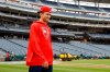 Washington Nationals shortstop Trea Turner walks on the field during a baseball workout session, Monday, Sept. 30, 2019, in Washington. The Nationals are scheduled to face the Milwaukee Brewers in a National League wild card game Tuesday, Oct. 1. (AP Photo/Patrick Semansky)