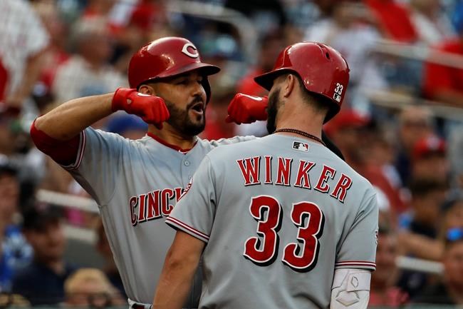 Cincinnati Reds' Jesse Winker (33) celebrates his solo home run with Joey Votto during the first inning of a baseball game against the Washington Nationals at Nationals Park, Monday, Aug. 12, 2019, in Washington. (AP Photo/Alex Brandon)