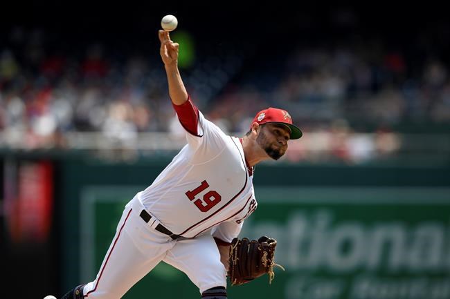 Washington Nationals starting pitcher Anibal Sanchez delivers a pitch during the third inning of a baseball game against the Miami Marlins, Thursday, July 4, 2019, in Washington. (AP Photo/Nick Wass)