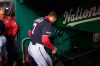 Washington Nationals' Trea Turner heads to the clubhouse after a pitch hit his hand while batting during the first inning of a baseball game against the Philadelphia Phillies at Nationals Park, Tuesday, April 2, 2019, in Washington. (AP Photo/Alex Brandon)
