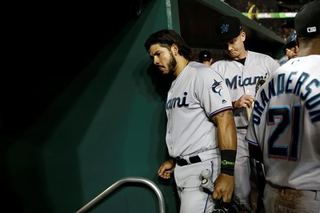 Miami Marlins' Jorge Alfaro walks out of the dugout after a baseball game against the Washington Nationals, Friday, May 24, 2019, in Washington. (AP Photo/Patrick Semansky)